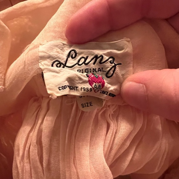 Vintage c. 1959 Lanz small cream & blush tea length lace overlay backless dress - Picture 4 of 4